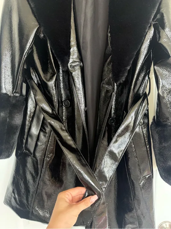 RARE H&M Black vinyl faux fur trim coat - Image 4