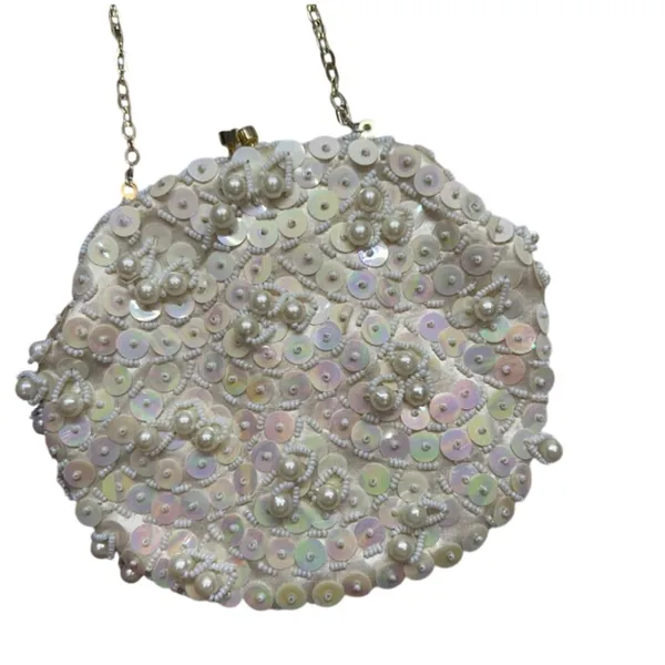 Vintage neutral white chain strap sequins pearl beaded mini handbag purse - Image 2