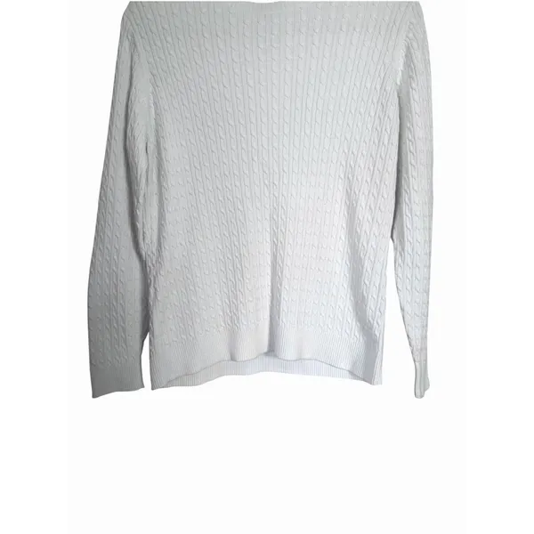 Lands' End Womens Sz M White Cable Knit Crew Neck Long Sleeve Pullover Sweater - Image 3