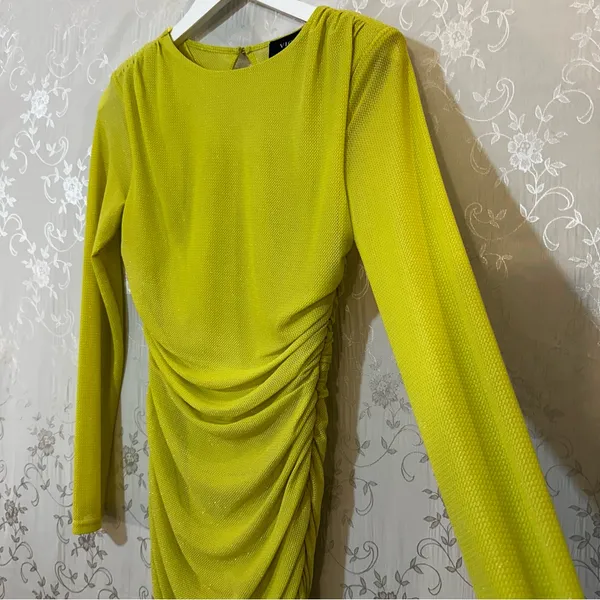 Vici Runched Lime Glitter Bodycon Maxi Long Sleeve Dress SMALL - Image 5