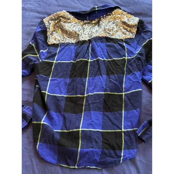 Arizona Jean Co Blue Black Plaid Sequin Back Button Down Flannel Shirt Large - Image 14
