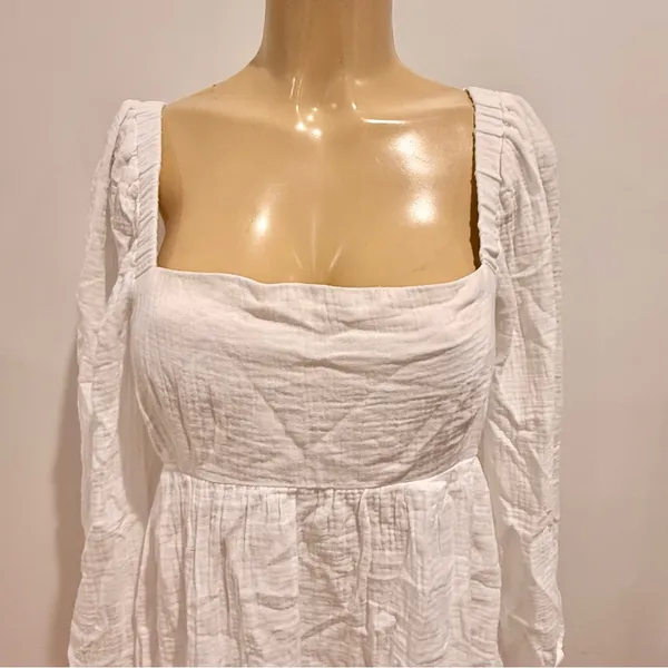 J.Crew Square Neck White Gauze Dress Sz M Long Sleeves Cotton Crinkle - Image 6
