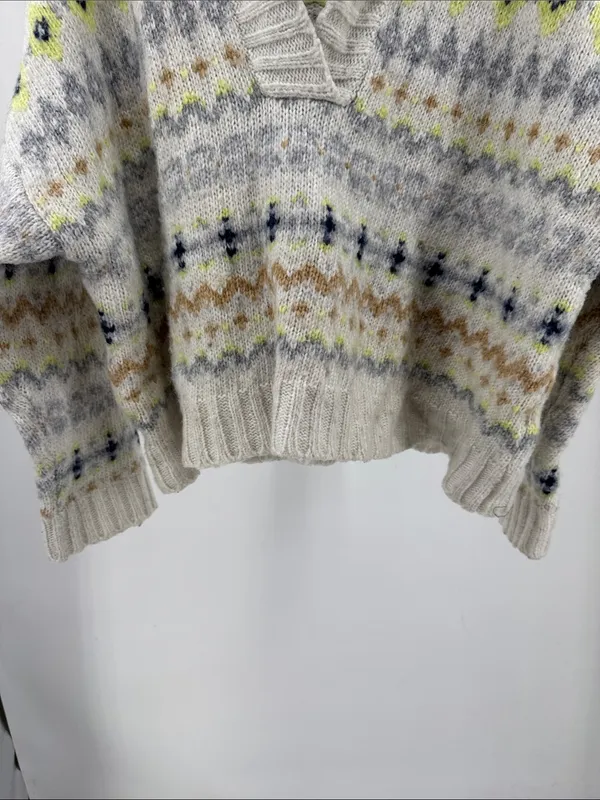 American Eagle Cozy Cream Fair Isle V-Neck hooded Sweater wool blend XL winter - Image 8