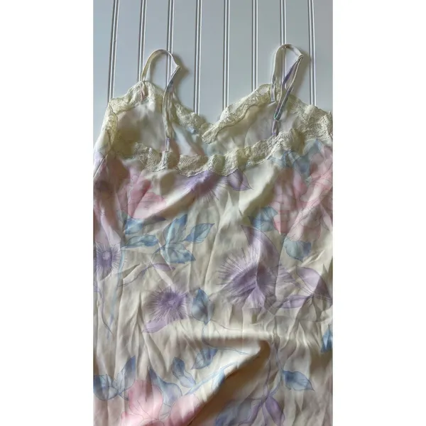 Vintage Valerie Stevens Sheer Pastel Floral Maxi Slip Dress Lace Trim Medium Y2K - Image 9