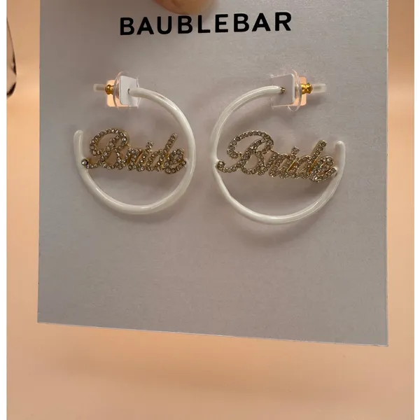 BaubleBar Bride White Enamel Pavé Crystal Script Hoop Earrings Wedding Jewelry‎ - Image 4