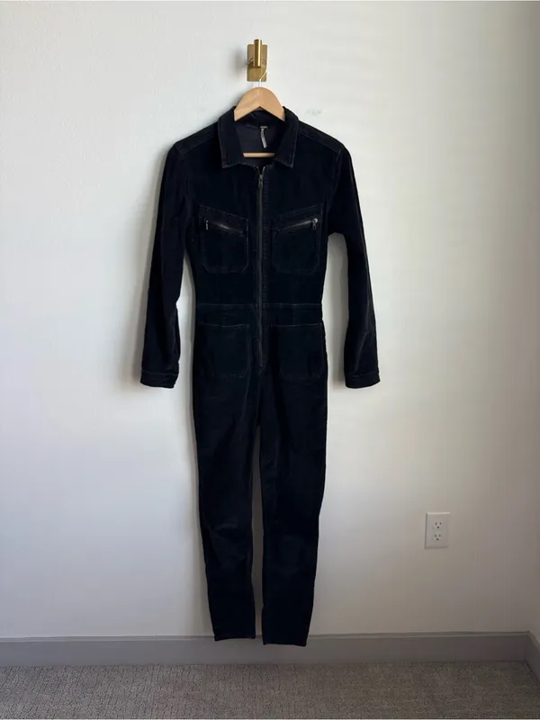 Free People Corduroy Jumpsuit Black Utility Zip Front Coveralls Small - Image 5