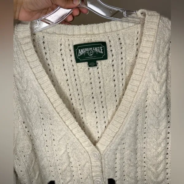 American Eagle Cream Cable Knit‎ Sweater Cottage Peasant Soft Boho sz L - Image 3