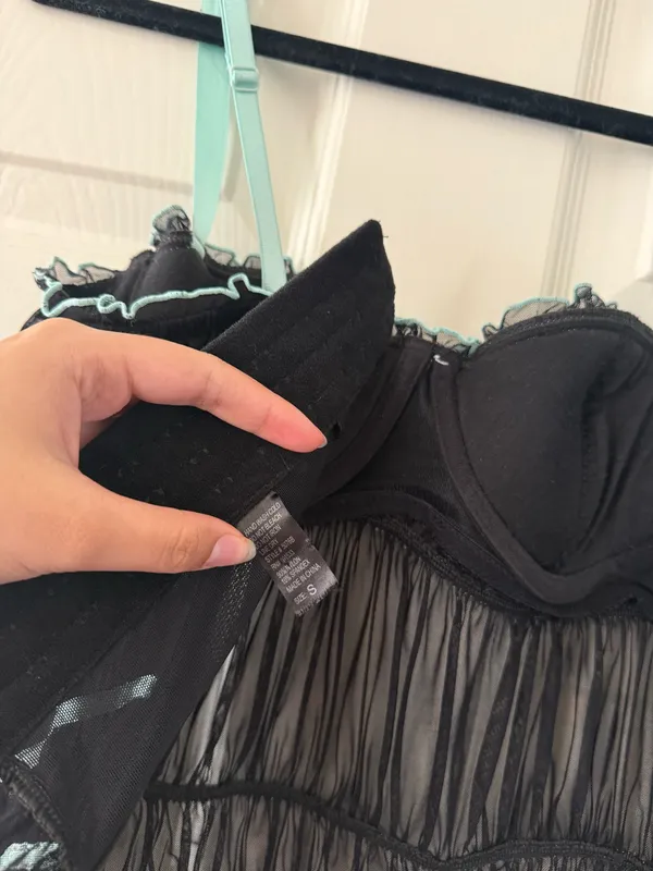 Y2K Bebe Blue and Black Bow Detail Ruffle Trim Corset Bustier Top - Image 8