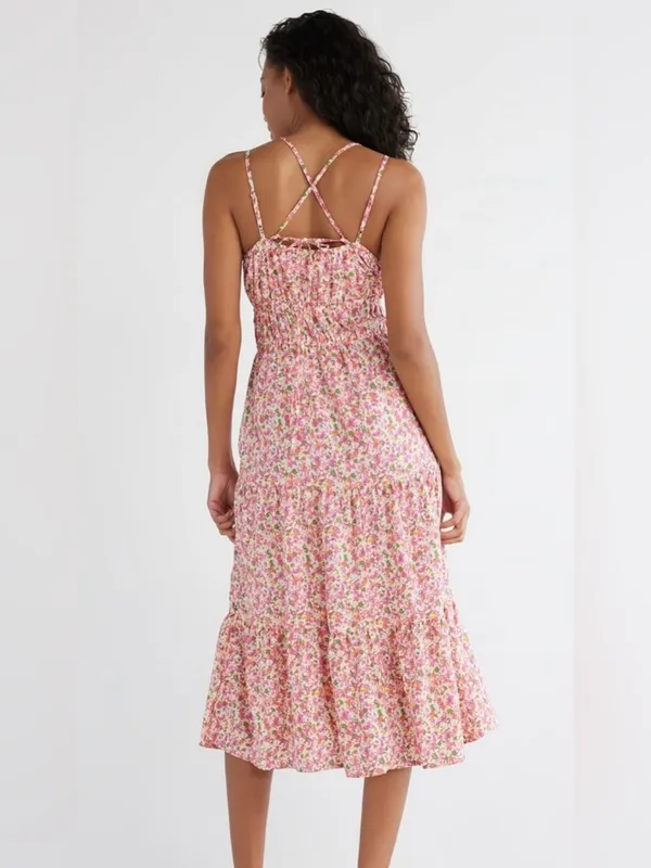 Feminine Time and Tru Pink Floral Spaghetti-Strap Cross Back Midi Tier Sundress - Image 2