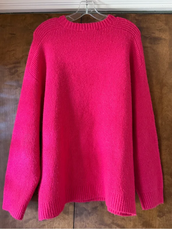 Zara Hot Pink Chunky Knit Oversized Crewneck Sweater Long Sleeve Pullover. Sz M - Image 6