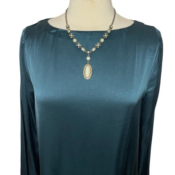 NWOT MADEWELL Long Bell Sleeve Satin Shift Dress in‎ Smoky Spruce, Medium - Image 5
