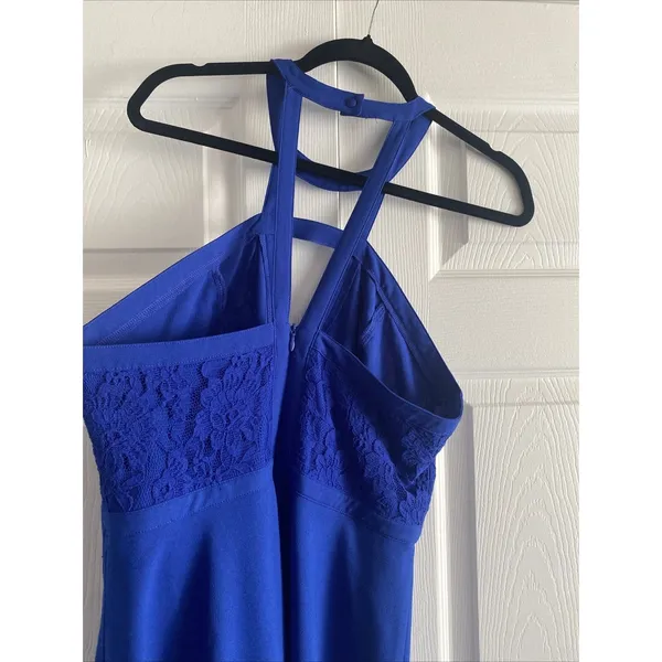 Royal Blue Lace Halter Mini Dress Womens Size M Fit Flare Cocktail Party Y2K - Image 6