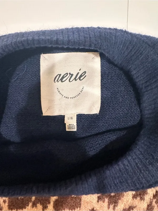 Aerie Navy Leopard Print Colorblock Sweater Crewneck Long Sleeve Pullover Large - Image 9