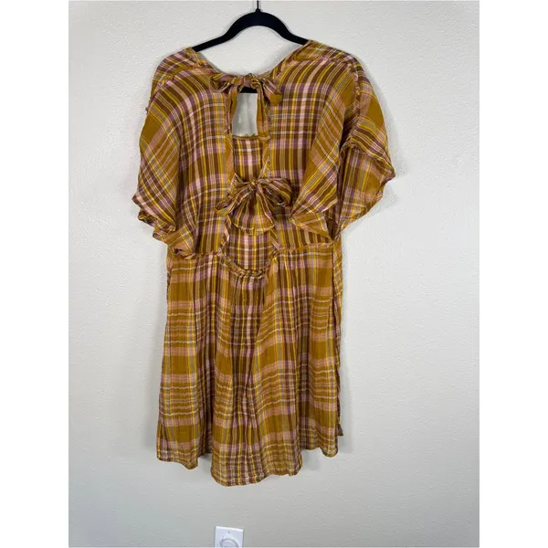Anthropologie Yellow Pink Plaid Mini Dress Womens L Babydoll Boho Tie Back - Image 14