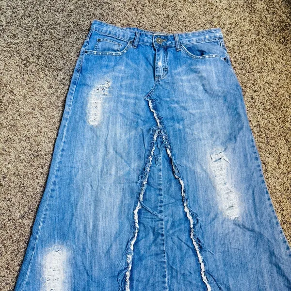 Karma Blue Jean Denim Maxi Long Skirt Distressed Y2K sz 13/14 L Western Flare - Image 2