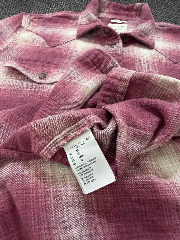 American Eagle Women’s Burgundy Cream Plaid Oversized Western Flannel Shirt - Image 5