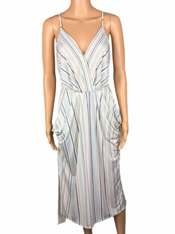 BCBGenetation White & Multi Striped Midi Dress w/Spaghetti Straps Pockets Large - Image 2