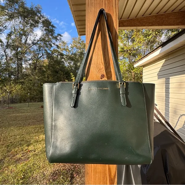 Marc Jacobs Commuter Tote Leather Shoulder Bag Forest Green Zip Work Laptop - Image 2
