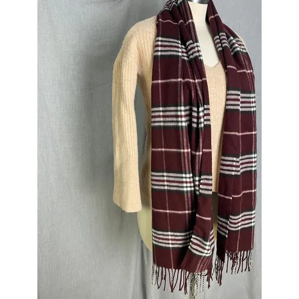 V. Fraas Cashmink Plaid‎ Scarf Burgundy White Black Made Germany Fall Autumn - Image 4
