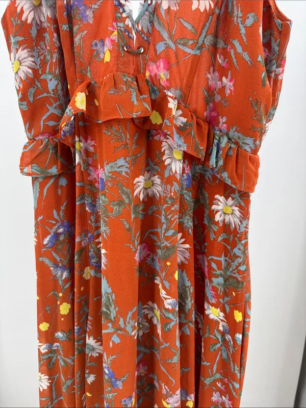 Women's Maxi floral Dress Burnt Orange open back M lace boho casual ruffle - Image 4