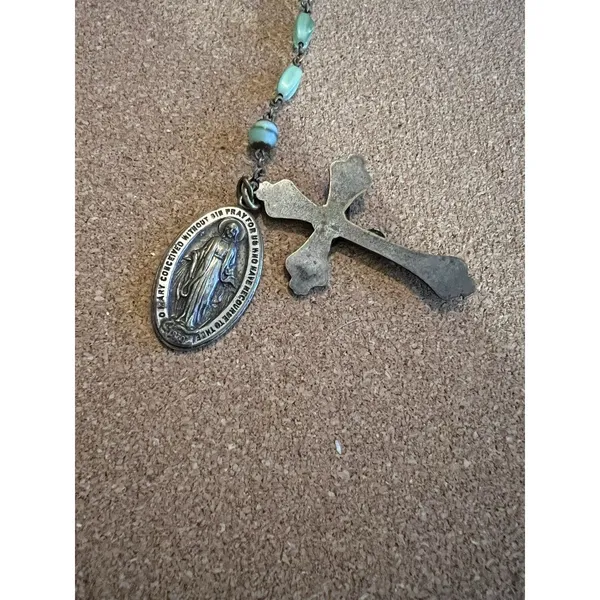 Art Deco Style RosaryAqua Glass Beads Silver-Tone Crucifix Saint Therese 1930’s - Image 5
