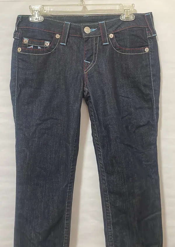 WLHJ58FE2 Americana Chain Dark Rinse Rolled Capri Jeans $209 EUC 28 - Image 5