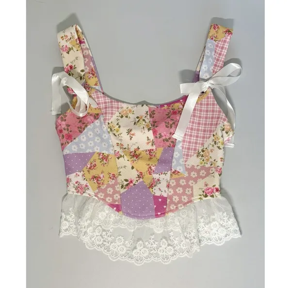 Pink Pastel Coquette Floral Patchwork Lace Bows Top Shirt Blouse Tee Size XS 🎀✨ - Image 2