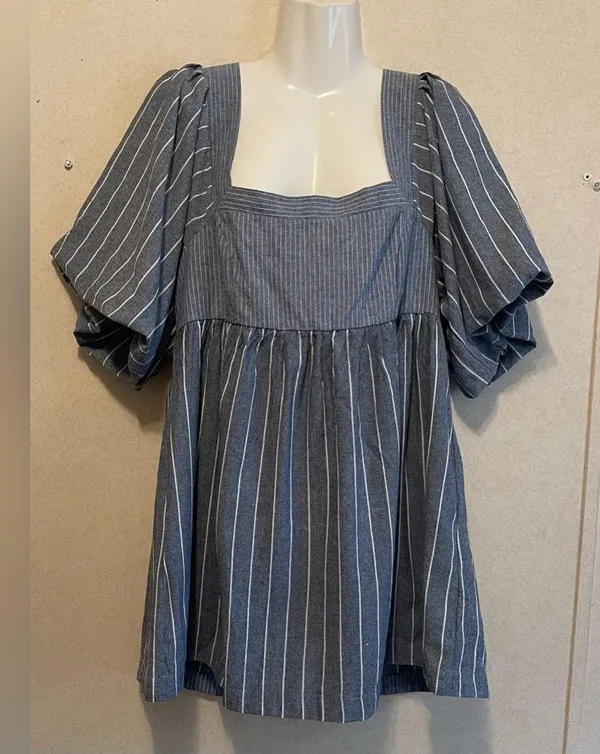 Free People Blue and White Textured Dress - Image 5