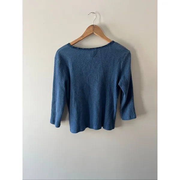 Lauren Ralph Lauren Blue Waffle Knit y2k 100% Cotton blouse L Lace Trim coquette - Image 5