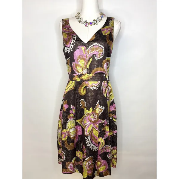 Tory Burch Silk Metallic Paisley Floral V-Neck Fit & Flare Cocktail Dress 4 - Image 2
