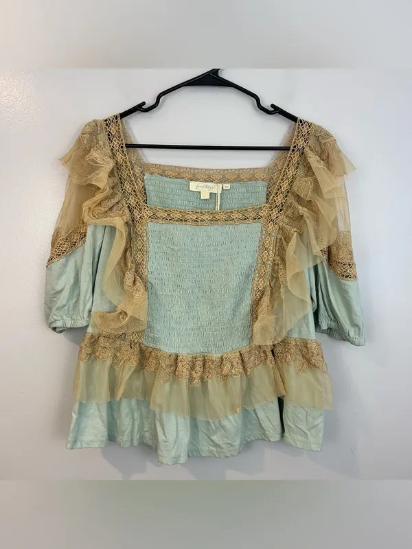 NWT Forever That Girl Blue/Tan Ruffle Lace Peplum Fairy Top Large Anthropologie - Image 9