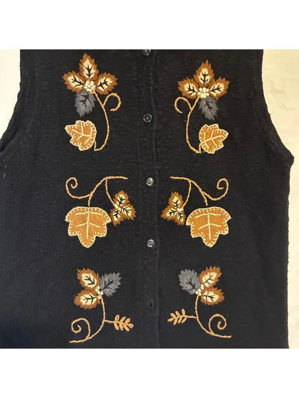 Vintage 90s Classic Elements Embroidered Fall Leaves Sweater Vest Black Knit M - Image 3