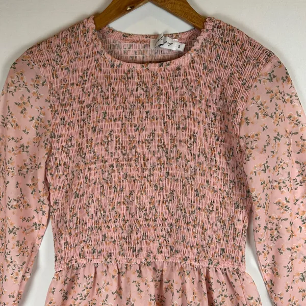 Petal + Pup Pink Floral Smocked Peplum Top Long Sleeve Shirred Blouse Small - Image 5