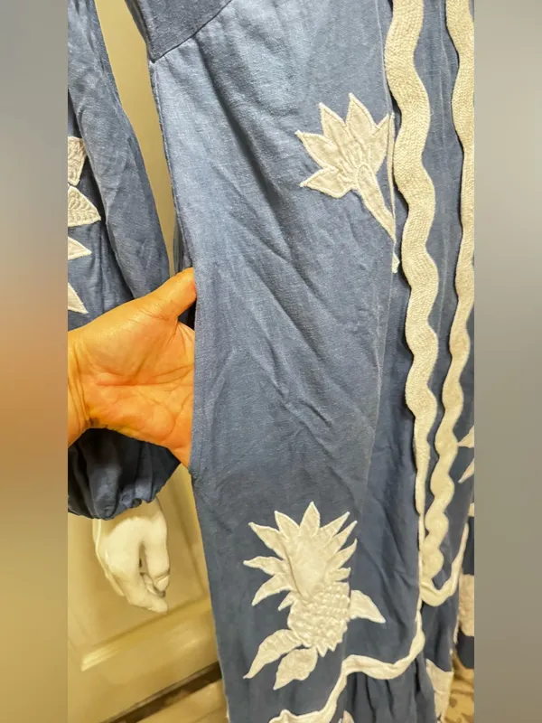 Farm Rio Navy Blue White Floral Embroidery long sleeves Maxi Dress S XS - Image 7