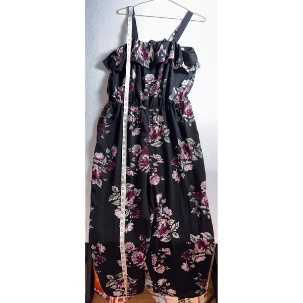 No Boundaries Floral Ruffle Cold Shoulder Jumpsuit XL 15-17 Black Pink Wide Leg - Image 9