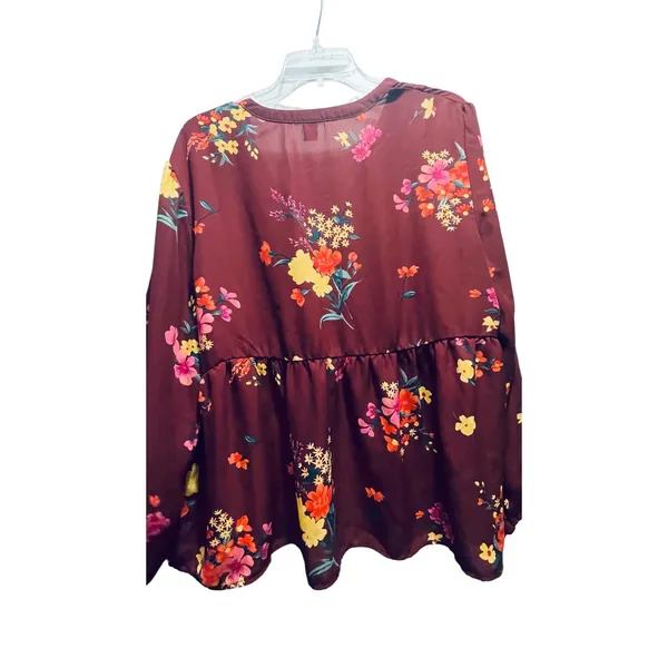 Old Navy Burgundy Floral V-Neck Peplum Blouse‎ Long Sleeve Top - Image 6
