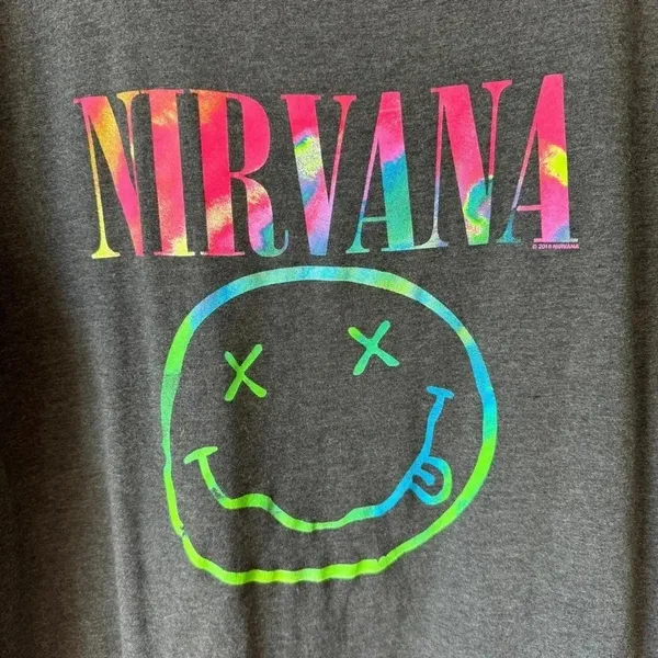 Nirvana graphic band tee short sleeve top tshirt rainbow charcoal smiley face - Image 2
