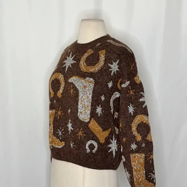 ZARA Western Cosmic Cowboy Boots Stars Jacquard Sweater Metallic Crewneck Small‎ - Image 8
