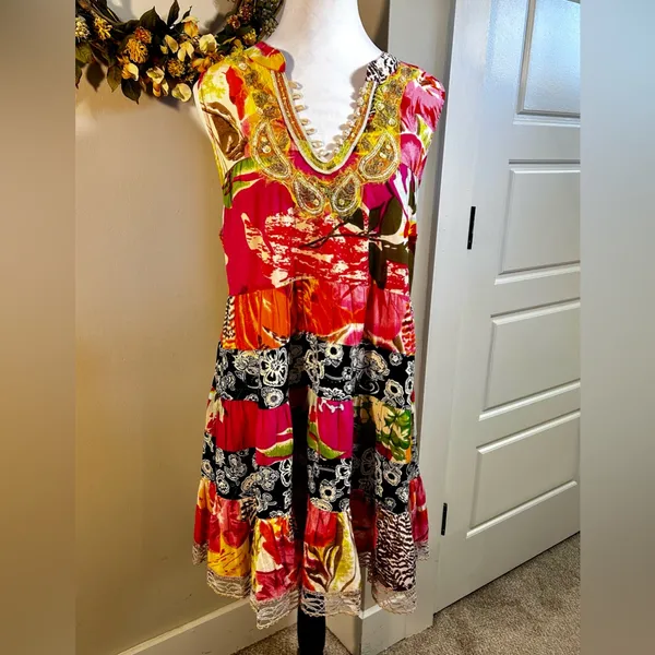 FREE PEOPLE Patchwork Dress Embellished Neck Back Cinch Boho Y2K Floral Sz M💛 - Image 10