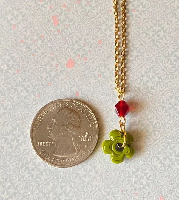 Handmade artisan chunky mini flower glass beads & red Czech glass beads cute fairy cottage chic necklace 💐🩵 - Image 8