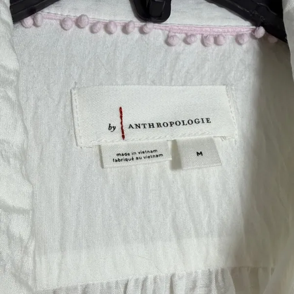 Anthropologie Ruffle Short Sleeve Button Down‎ White Crinkle Textured Tunic M - Image 3