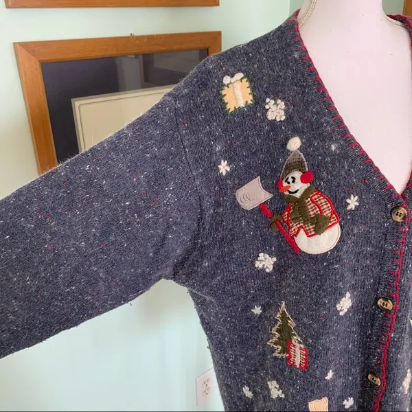Vintage VJ Woman Angora Christmas Holiday Snowman V Neck Sweater Cardigan 1X - Image 3