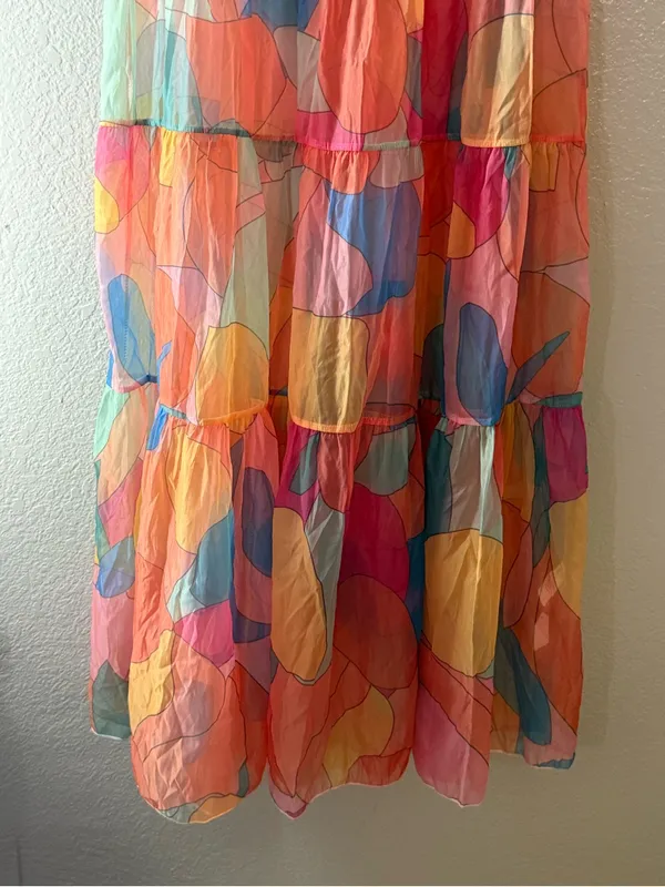 Sheer Multicolor Abstract Print Tiered Maxi Dress Short Sleeve Rainbow Medium - Image 6