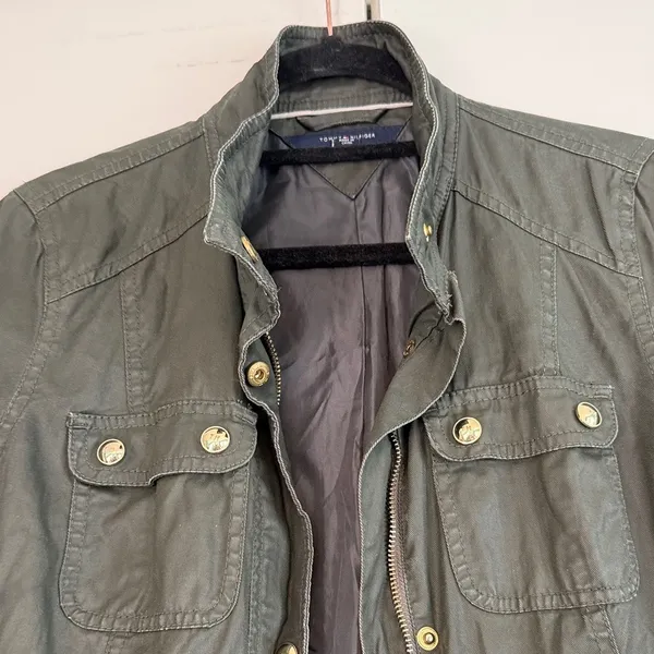 Tommy Hilfiger Women's Olive Green Utility Jacket Gold‎ Hardware Zip Size S FLAW - Image 3