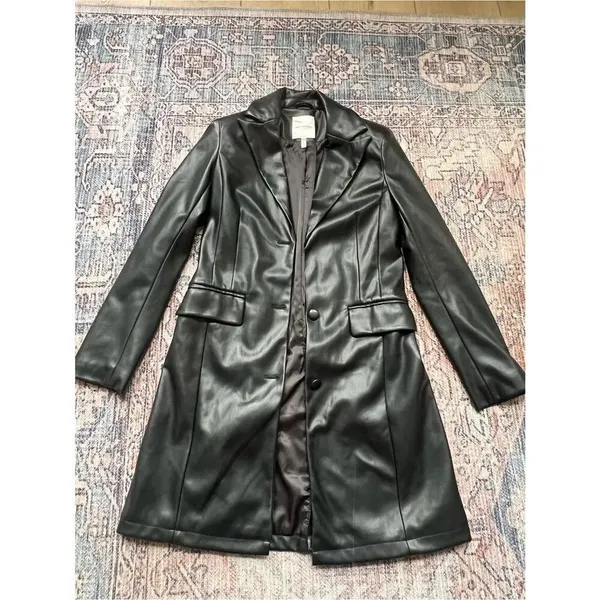 Avec Les Filles Black Faux Leather Long Blazer Jacket Button Down Coat XS - Image 8