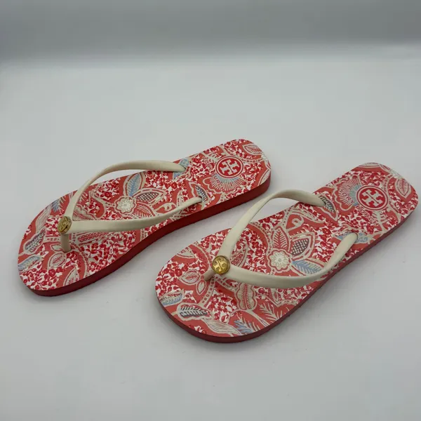Tory Burch Floral Paisley Flip Flop Sandals Size 7 Logo Beachy Vacation Pool - Image 2
