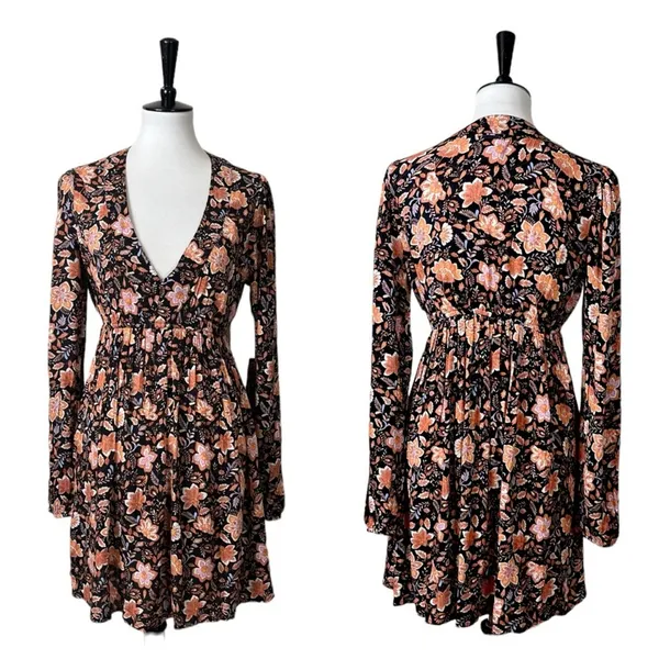 Billabong New Blouson Dress Deep V-neck Long Sleeve Black Floral Women’s Size M - Image 12