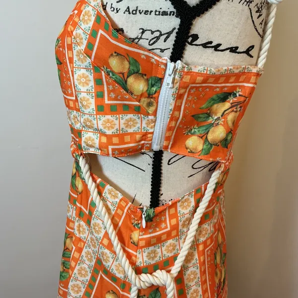 Unbranded Maxi Dress Orange Lemon Print Rope Straps Cut Out Back Small - Image 7