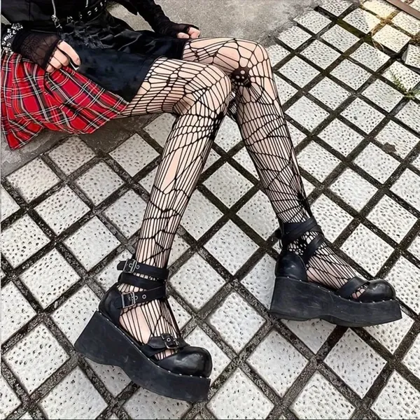 Black Gothic Skull Pattern Fishnet Tights Sexy Hollow Out Mesh Pantyhose OneSize - Image 4