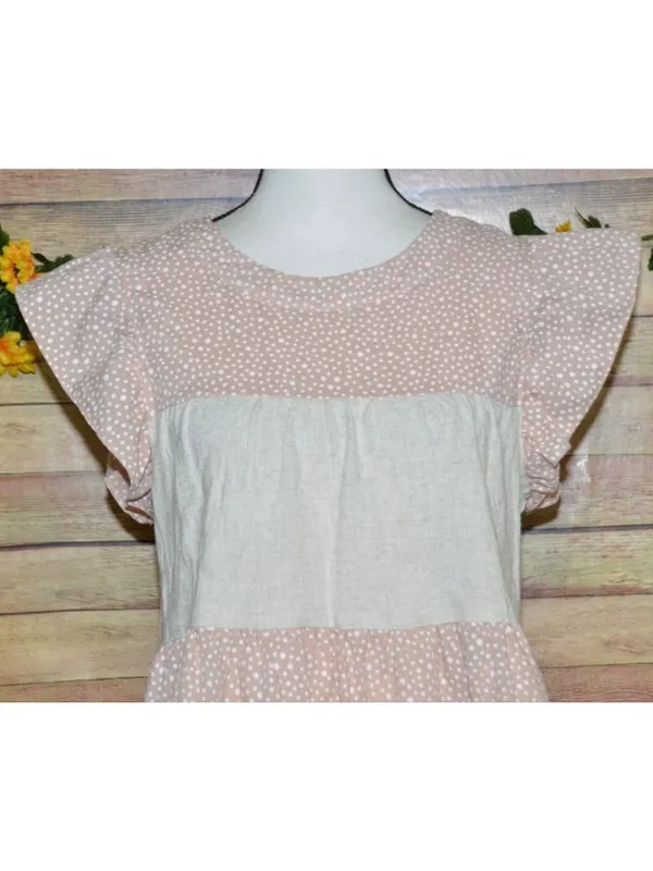 Entro Beige Pink Cap Sleeve Tiered Top Size S Striped Polka Dots Shabby Chic - Image 2